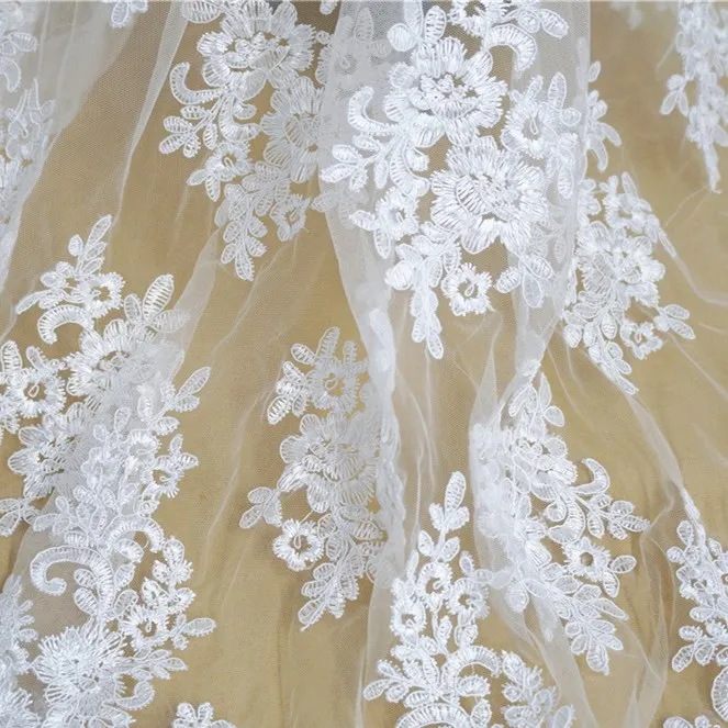 

Vintage Alencon lace fabric trim in Off white Corded Applique Bridal Veil wedding gown Hem veil trim lace Sewing Craft by yard