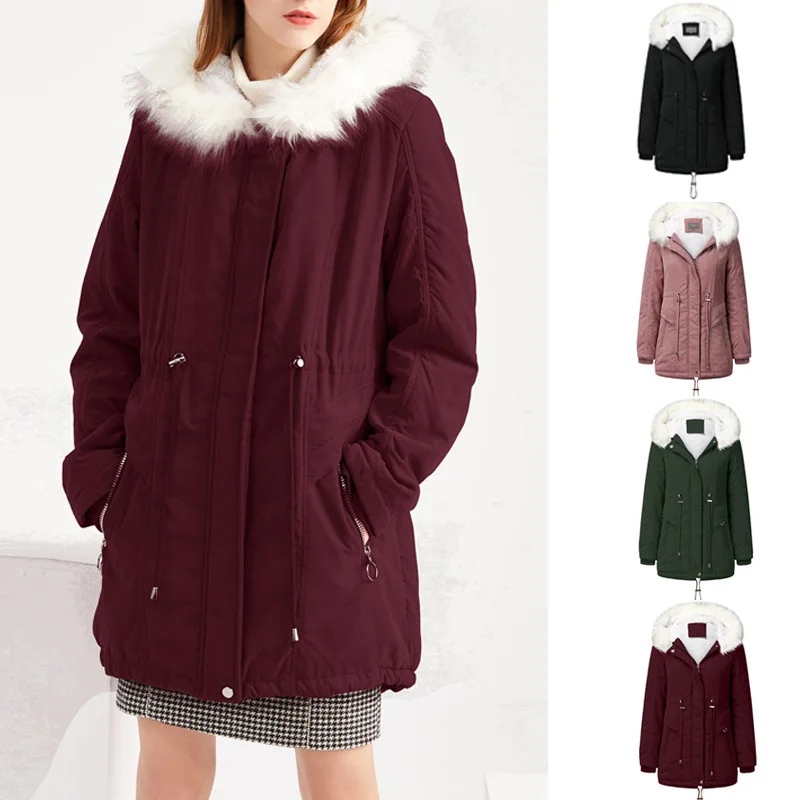 

Winter Women Parkas Casual Solid Coats Hooded Thick Cotton Warm Female Jacket Fashion Long Sleeves Coat Women Outwear 4XL