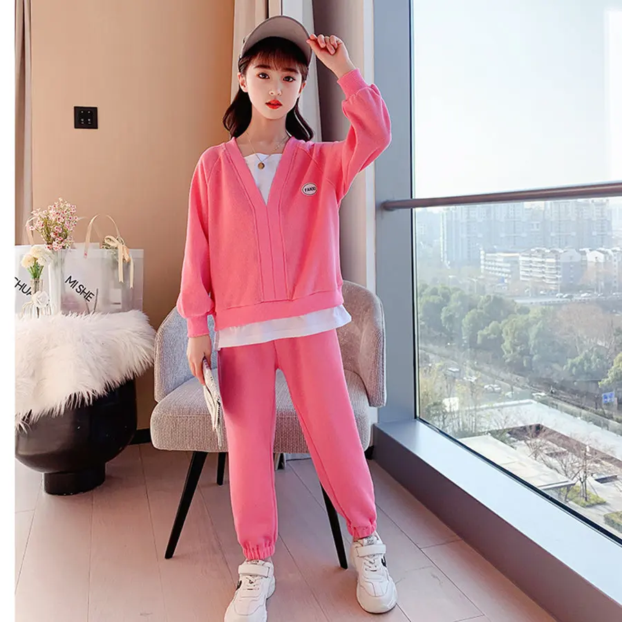 

2021 Spring Athleisure Suit For Girls 4 To 13 Years Simple Pink Fake Design Long Sleeve Top + Pants Set Child Girls Clothing Set