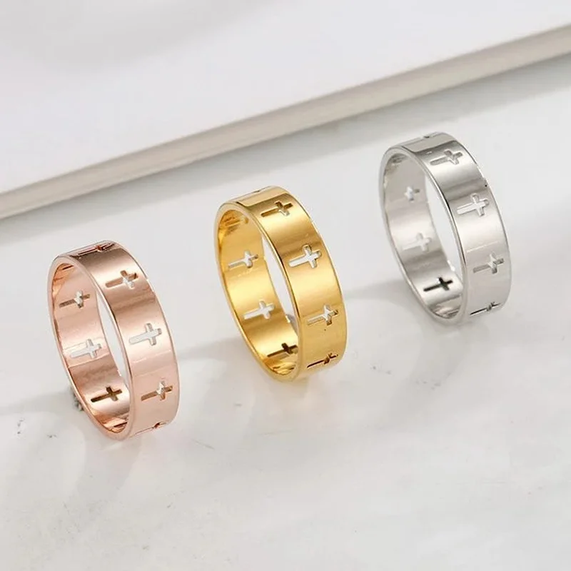 

Retro Punk Hip Hop Hollow Cross Ring Gold Silver Color Stainless Steel Hand Ring Couple Gift For Men Women