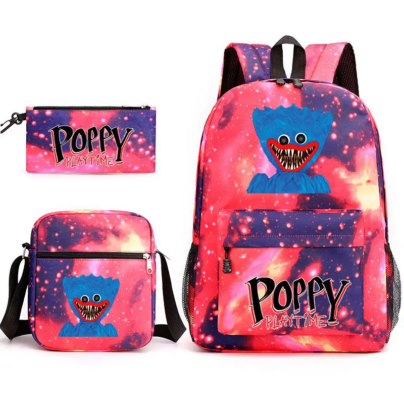 Conjunto de tres piezas de juego Huggy Wuggy Poppy Playtime, bolso de hombro + mochila + bolso para bol&iacute;grafos 3 en 1, novedad de 2021-1
