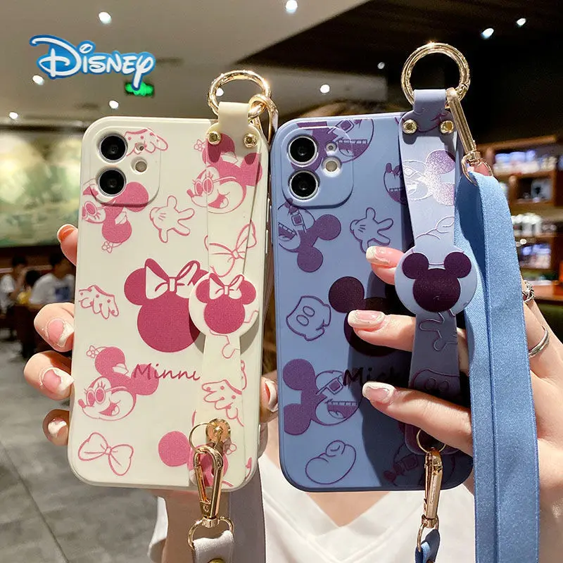 

Disney Mickey Cartoon Mobile Phone Case with Lanyard for iPhone 13 13pro 13mini 13pro max Plus Cute Anti-fall Back Covers