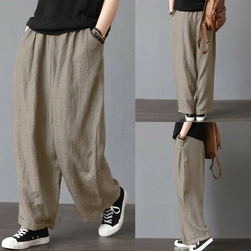 

Men's Cotton Linen Wide Leg Pants Summer Loose Casual Fitness Straight Stretch Bloomers Trousers Harem Plus Size Clothing S-5XL