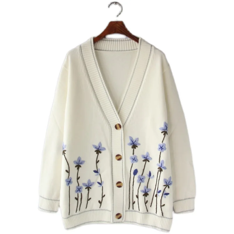 

Autumn Winter Embroidery Daffodil Chinese Style Women Cardigan Single-Breasted V-Neck Casual Loose Female Knitted Sweater Jacket