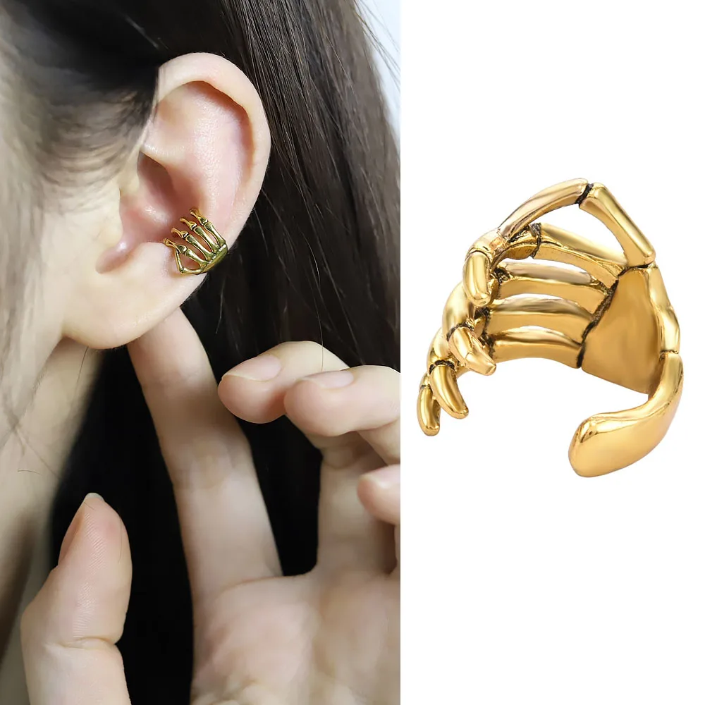 

1pcs Fashion Punk Style Personality Skull Hand Clip Earrings No Pierced Exaggerated Gothic Jewelry for Men and Women 2021