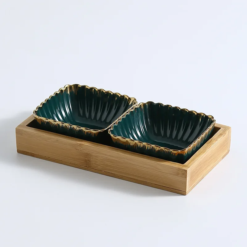 2 dish set Зеленое золото обода керамическая тарелка фруктов креативные кружки из фарфора закуски десерт тарелка Натуральный Бамбуковый сервировочный поднос держатель посуда - Цвет: 2 dish set