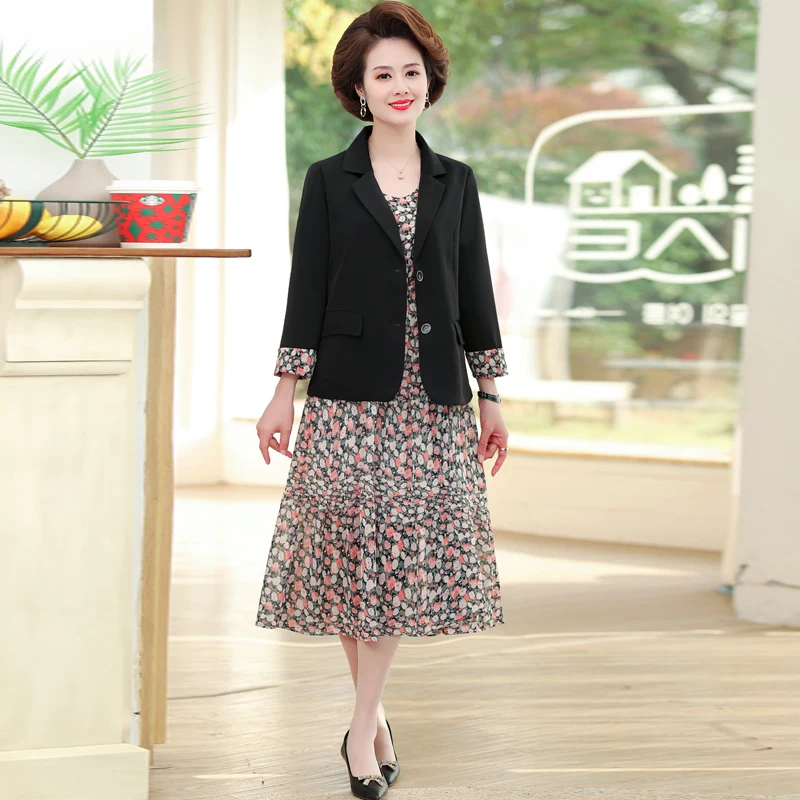 Conjunto de Blazer y vestido de gasa para mujer, conjunto de dos piezas, color negro, verde y rosa, atuendos dobles, tallas 5XL, 4XL y 3XL, Primavera