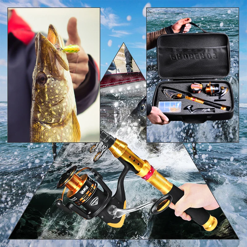 

Telescopic Fishing Rod Set With Reel Full Combo Kit Spinning Fishing Reel Tackle Pole Suit With Fishing Lure Bag Gift Gold