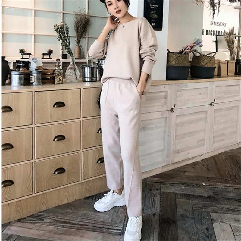 

CBAFU женский спортивный однотонный Модный трикотажный комплект из 2 предметов пуловеры с длинным рукавом свитер брюки комплект из двух предм...