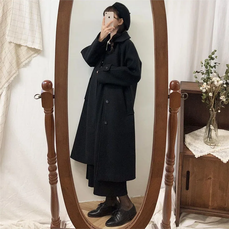 

2021 Fashion Student Woolen Coat Autumn Winter Plus Cotton Padded Loose Jacket Women Long Black Beige Woolen Cloth Tops KW1059