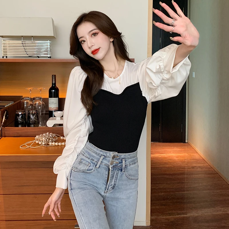 

Блузка Женская Осенняя в стиле преппи, офисная, с длинным рукавом, однотонная, черная, 2021