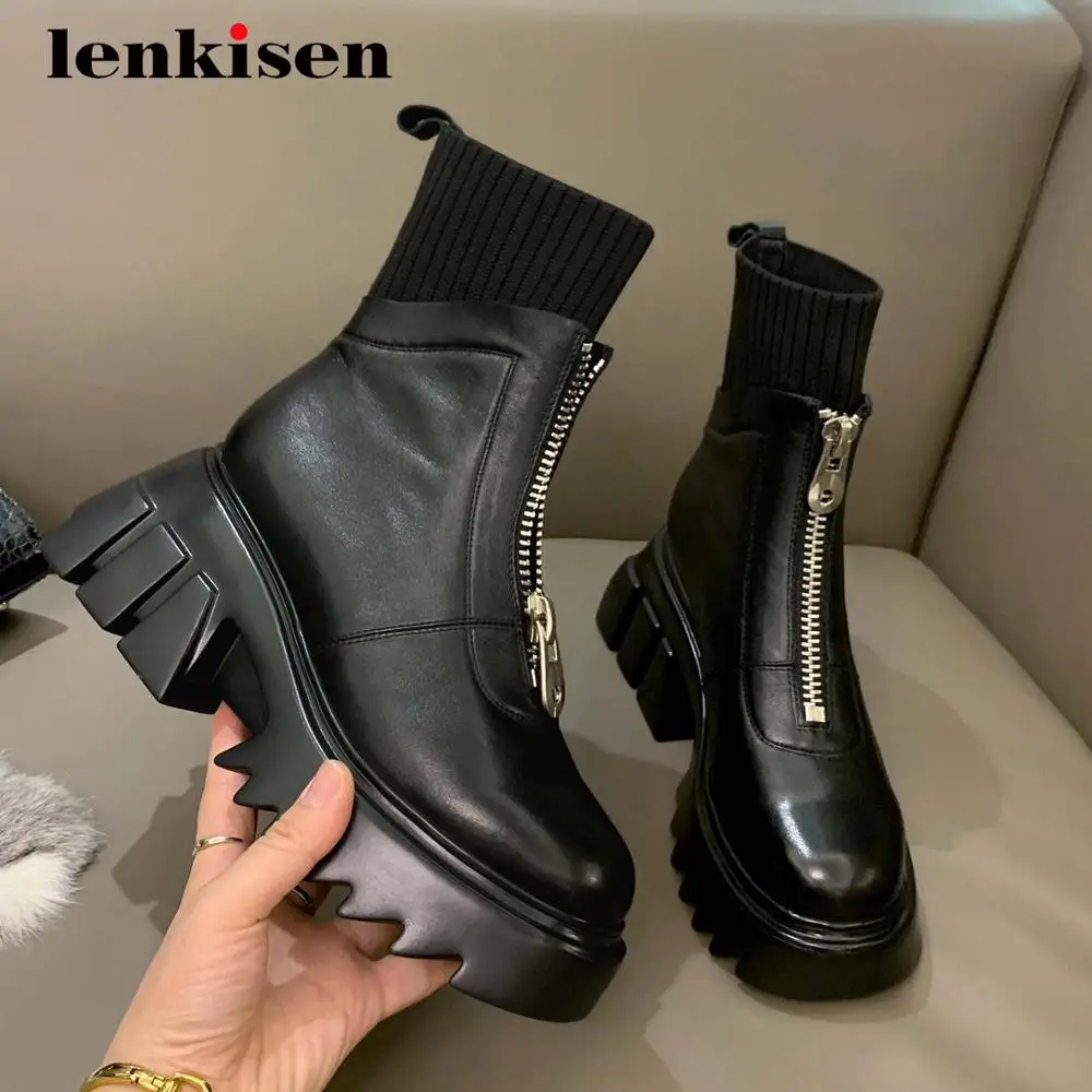 

Мотоциклетные ботинки Lenkisen из натуральной кожи, вязаные, в стиле панк, на платформе, толстом высоком каблуке, с круглым носком, на молнии, бот...