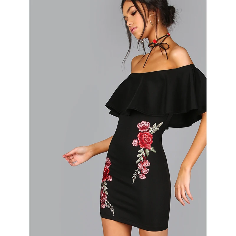 Summer Sexy Rose Embroidery Women Dress Butterfly Sleeve Slash Neck Pack Hip Dresses Off Shoulder Sheath Party Mini | Женская одежда