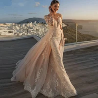 2021 new designs top quality made detachable wedding dresses mermaid long sleeves tulle appliques boho dubai arabic gown bridal