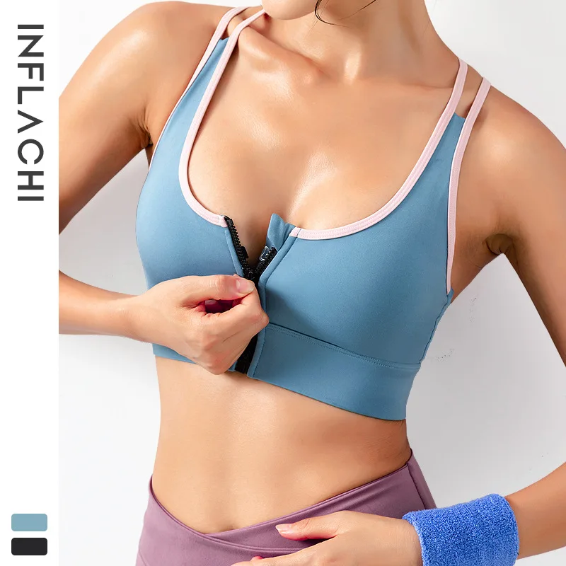 

2021 Female Thin Strap Sport Bra for Women Runners Yoga Gym Front Zipper Bra Black Vest Shockproof Workout Top Gathered Bras