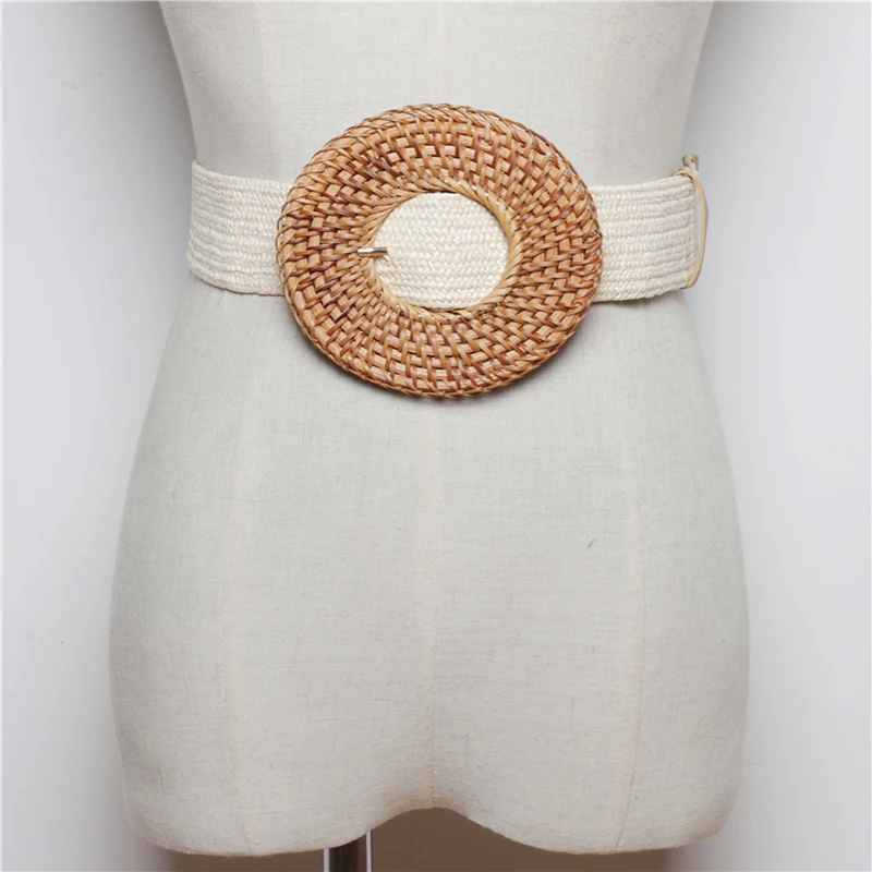 Vintage Boho Braided Waist Belt Wooden Buckle Dress Belt for Women Casual Female Braided Wide Strap  Girls Elastic PP Straw Belt
