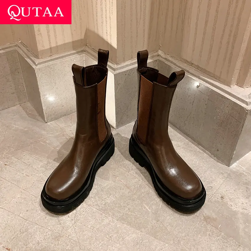 

QUTAA/2021 г. Женские ботинки до середины икры женские туфли-лодочки с закругленным носком из высококачественной коровьей кожи Модная женская о...
