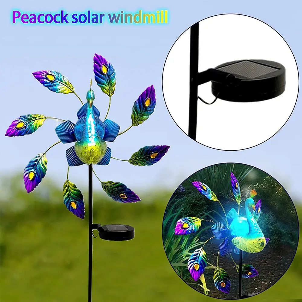 

Decorative Wind Spinners Yard and Garden Home Decor Ornament Stakes Solar Light Windmill Wrought Iron Painted Peacock Decorative