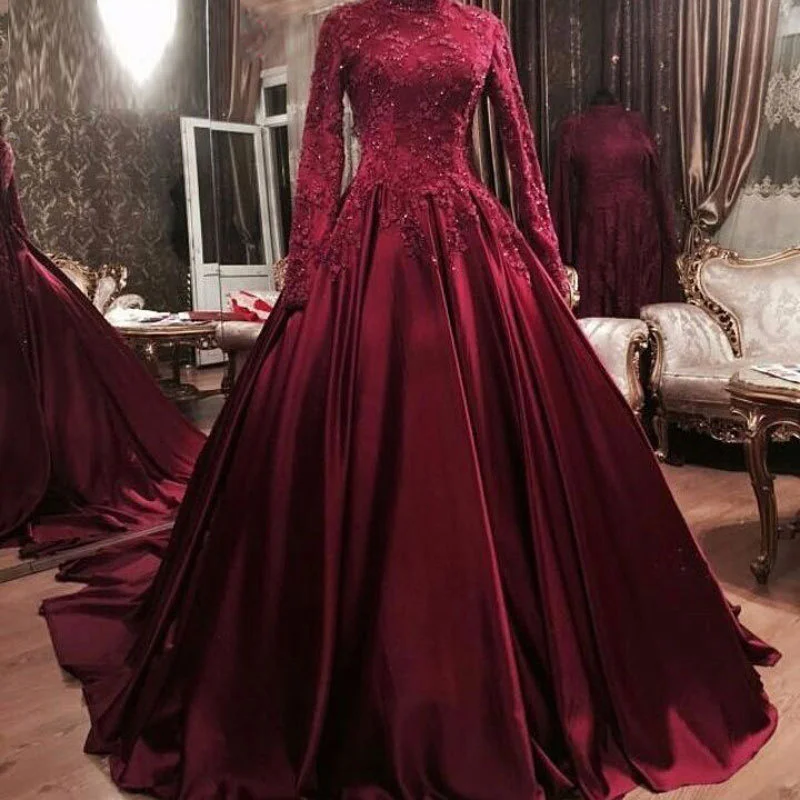 

New Muslim Lace Half-high Neck Long Sleeve Wedding Dress Slim Simple And Fashionable