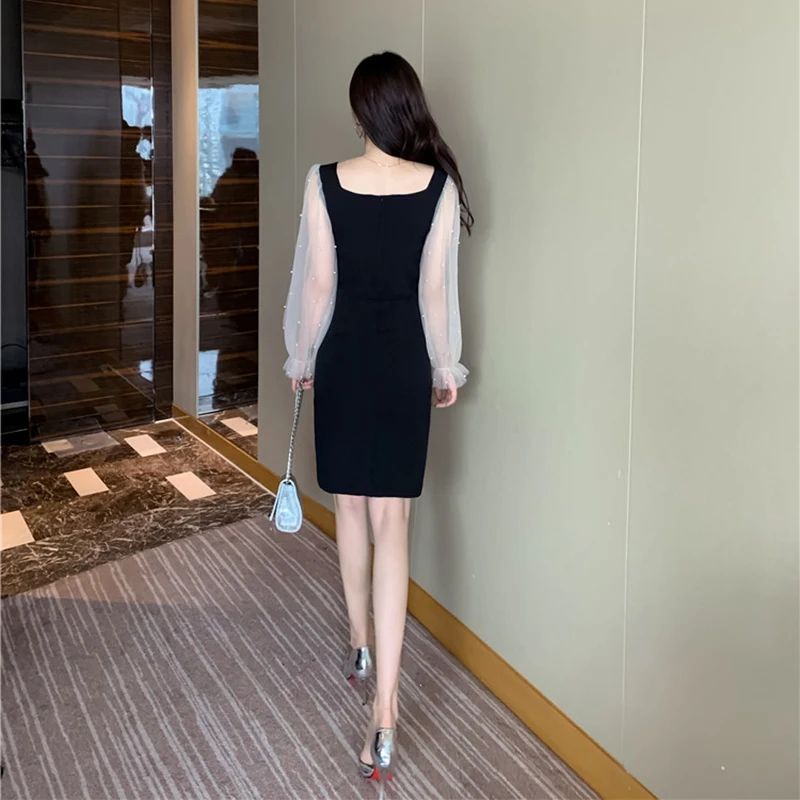 Женское весенне-осеннее платье элегантное черное Сетчатое в стиле пэчворк с