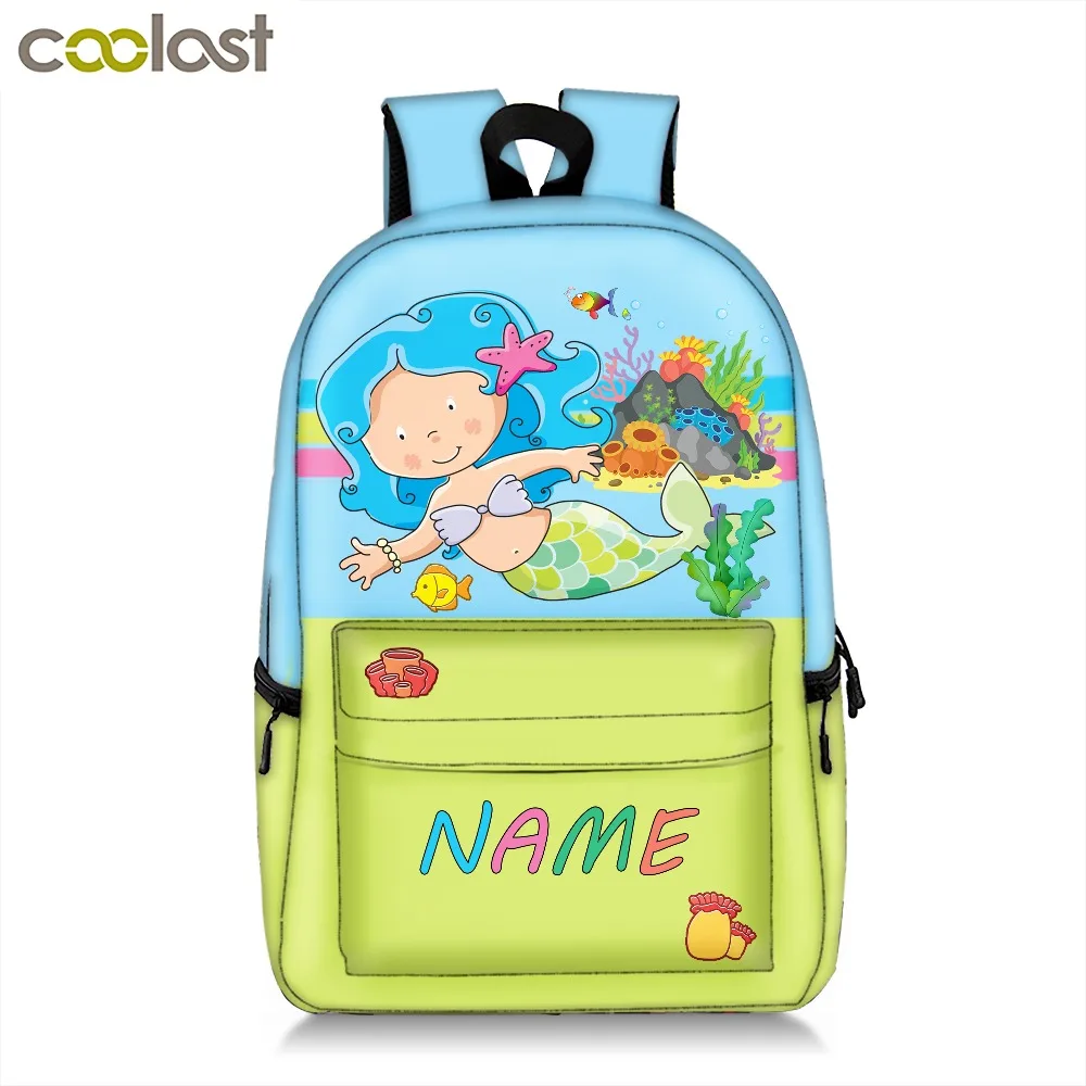 Custom Your Name Backpack Cartoon Mermaid / Princess / Animal /Locomotive Children School Bags Teenage Boys Girls Backpacks Gift