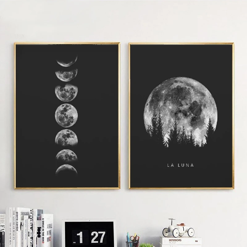 

Minimalist Full Moon Black White Moon Phases Solar System Canvas Painting Posters and Prints Wall Art Pictures for Living Room