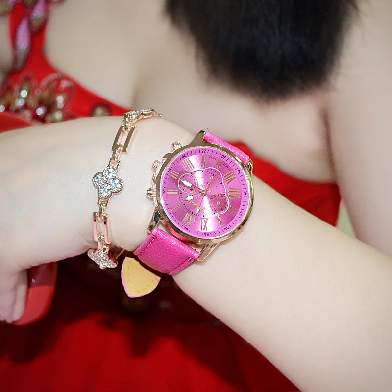 Роскошные дизайнерские женские розовые часы кварцевые кожаные уникальные с