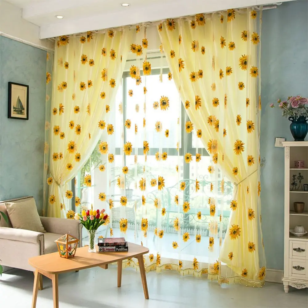 

Sunflower Pattern Tulle Curtain Home Decor Voile Kitchen Balcony Room Floral Window Blind Screening Curtain Patio Decoration