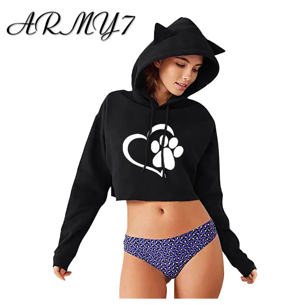 Black Милые свитшоты с кошачьими ушками женские короткие толстовки sudadera осенние женские пушистые шляпы с капюшоном пуловер Черный Белый kpop - Цвет: Black