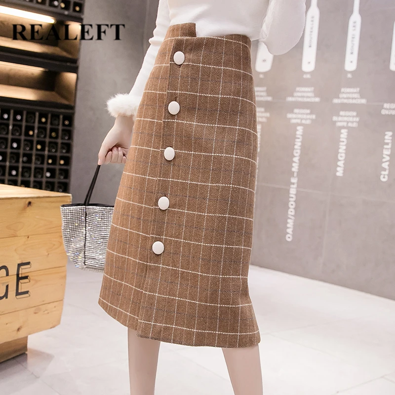 REALEFT осенне зимние верблюжьи шерстяные клетчатые Юбки миди с пуговицами модные