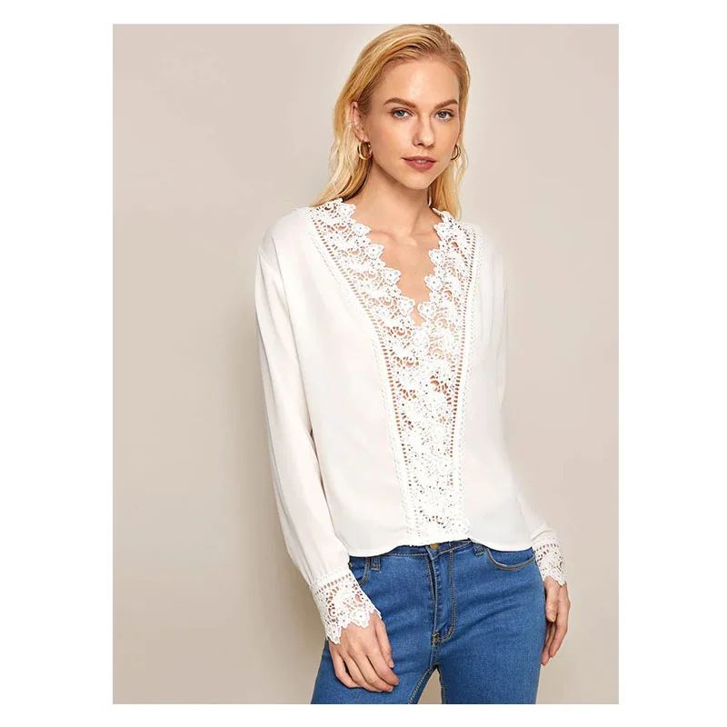 

Neatie kiddie Fashion OL Lace Patchwork Blouse Women's Shirt Sexy Long Sleeve V-neck Loose Casual Shirt Top Female Clothes
