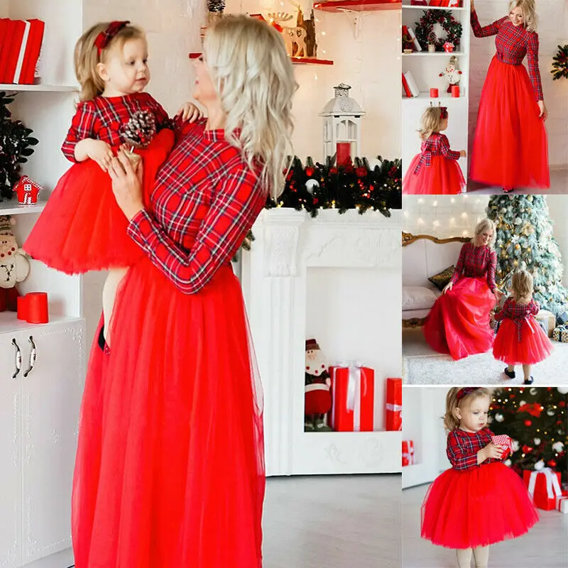 Праздничное Модное Длинное Платье в клетку для мамы и дочки одинаковый