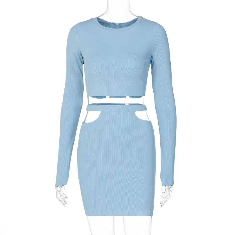 

Fashion solid color ribbed knit coordination suit, casual long-sleeved T-shirt and hollow high-waist mini skirt 2-piece set