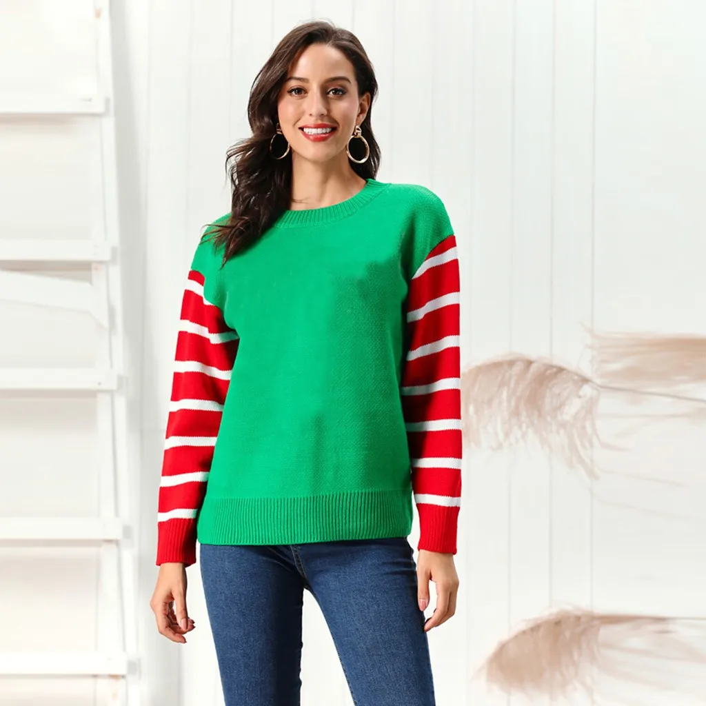 Женский зимний свитер рождественско-красного и зеленого цветов с О-образным