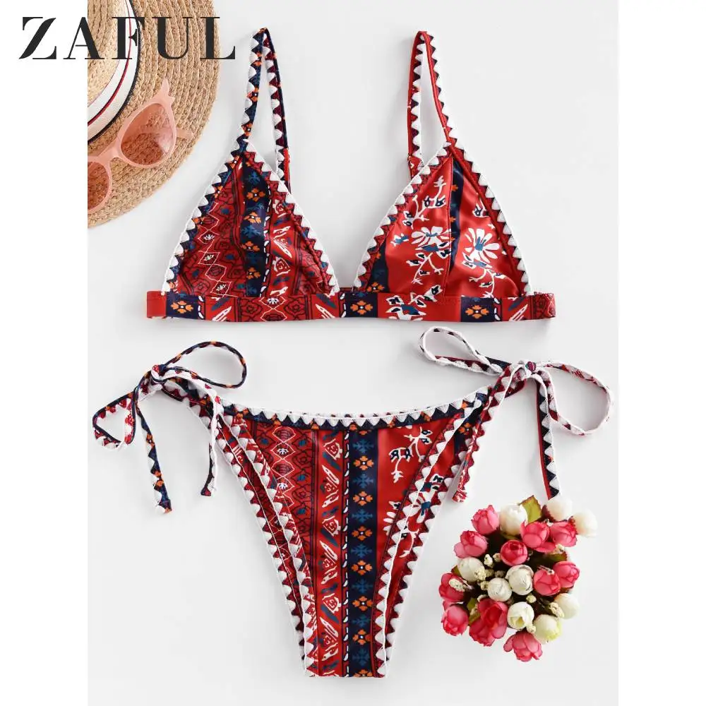 ZAFUL винтажный бохо Цветочный хлыст стежка с завязками по бокам бикини купальник