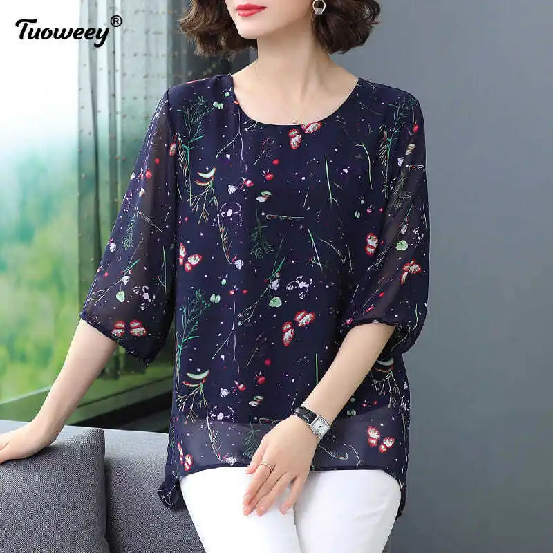 

summer new fashion loose large size Mother dress floral chiffon shirt blouse women blusas mujer de moda 2021 verano elegantes