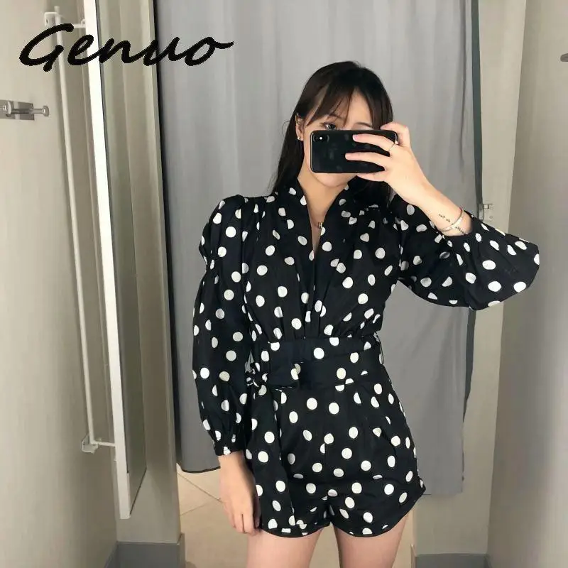 Женский винтажный короткий комбинезон Za черный в горошек с длинным рукавом и