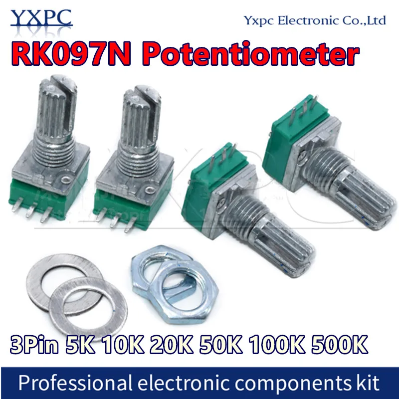 

Потенциометр RK097, 50 шт., RK097N 5K 10K 20K 50K 100K 500K B5K с переключателем звука, 3-контактный вал 15 мм, усилитель, уплотнительный потенциометр