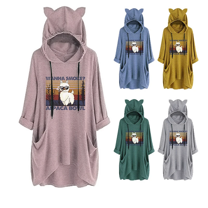 2022 autumn/winter cute cat ear sweater ladies casual hooded sweater sheep print Wanna Smoke Alpaca bowl