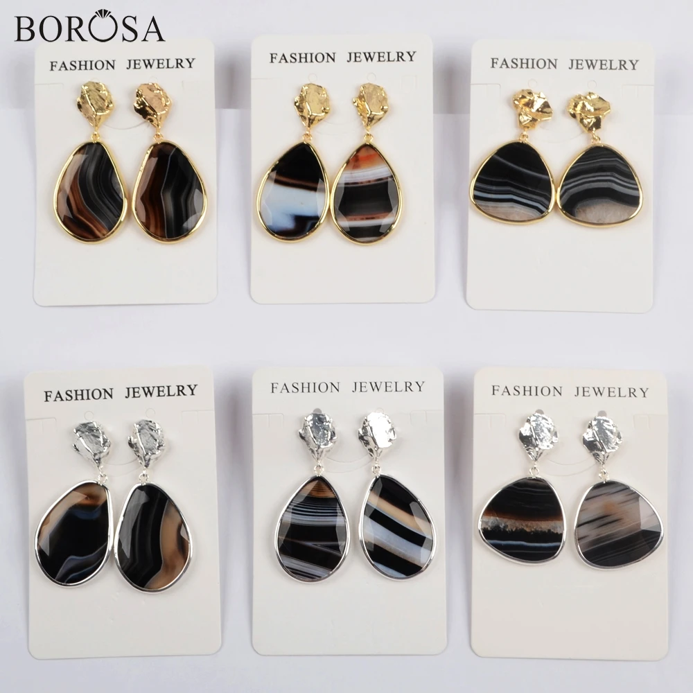 BOROSA Design 5Pairs Gold Plating Bezel Freefrom Shape Natural Onyx Agates Dangle Earrings Mixed Colors Women WX1178 | Серьги