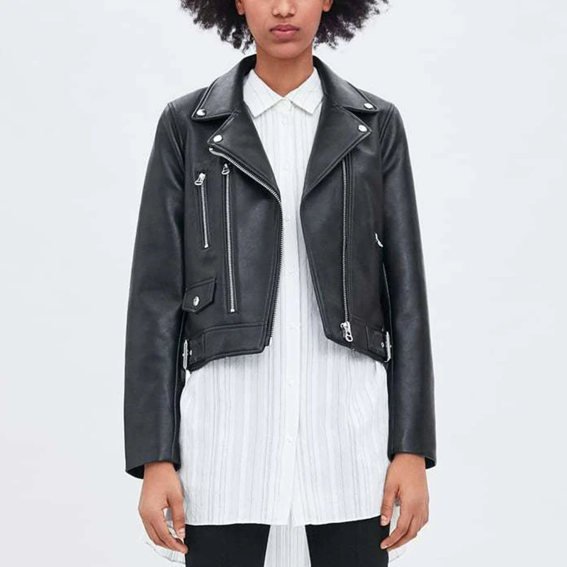 

Za 2021 Autumn Women Fashion PU Leather Jacket Locomotive Wind Notched Collar Zipper Female Short Outerwear Chic Top LY6185
