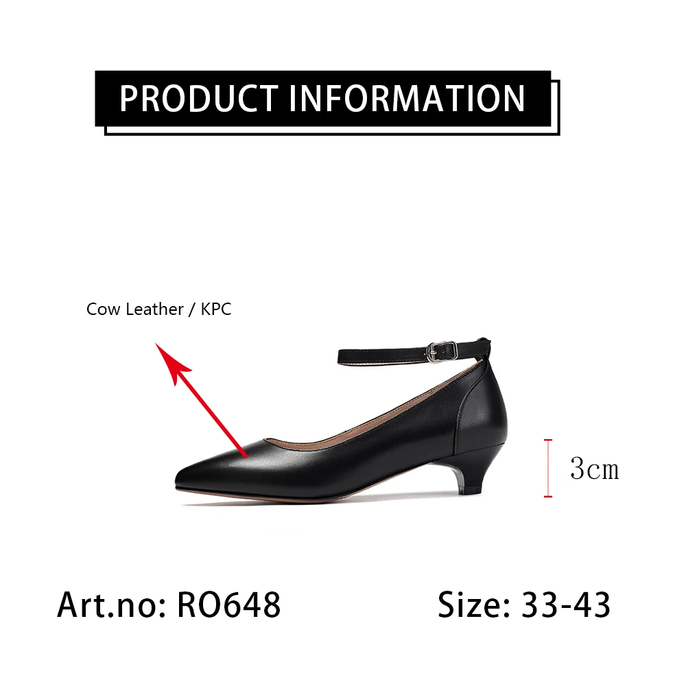 

RJN New Fashion Office Lady Pumps High Quality Genuine Leather Black Pointed Toe Low Heel Women Shoes Buckle Straps Pumps RO648