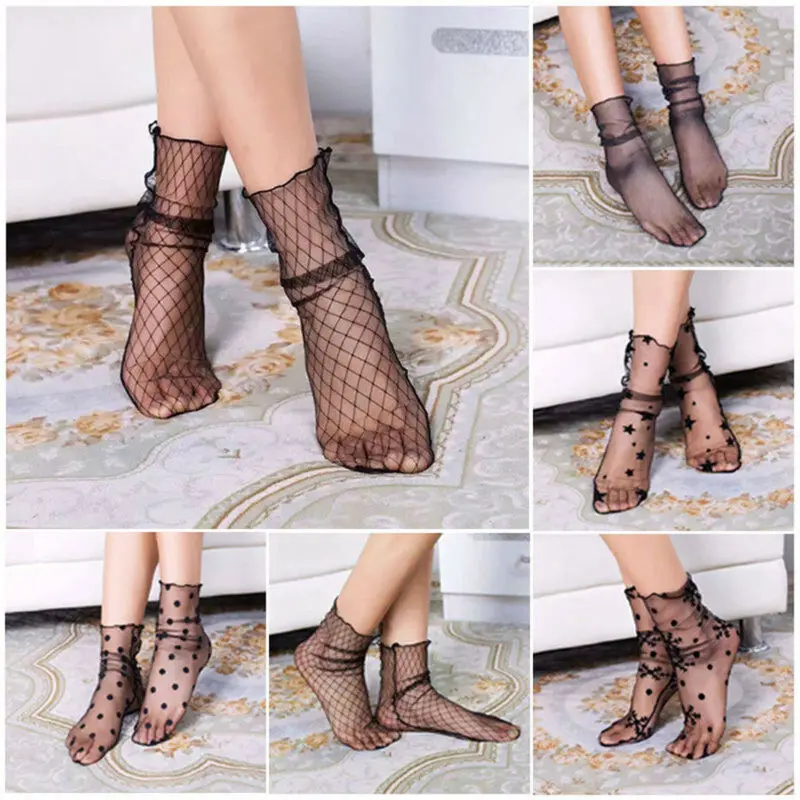 Женские черные сексуальные сетчатые носки до щиколотки с кружевной отделкой