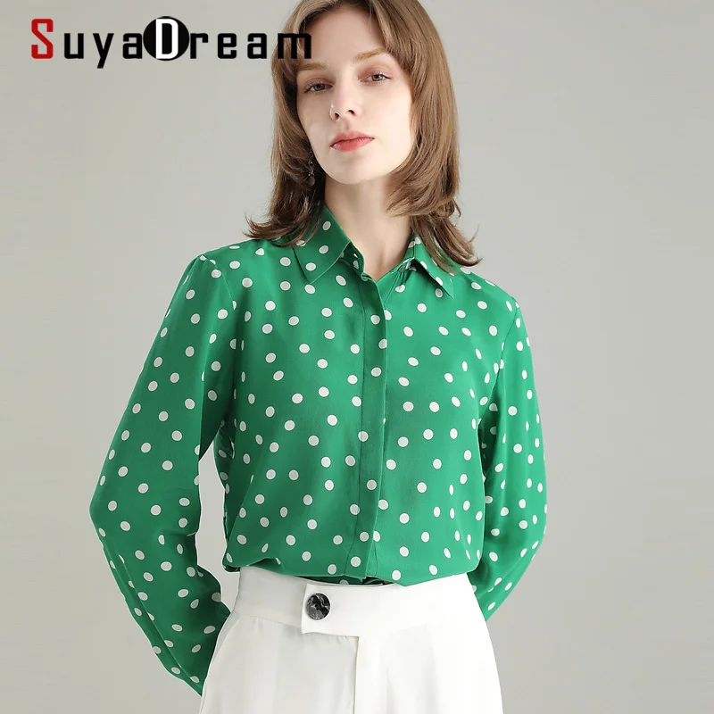 Рубашка SuyaDream шелковая 100% натуральный шелк в горошек с длинным рукавом зеленая