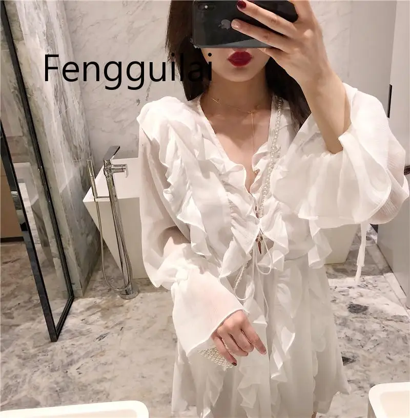 

2019 Women Lolita Chiffon Dress Summer Elegant Long Sleeve Lace Up V-neck Ruffles Sexy Slim Beach Dresses Female Vestidos
