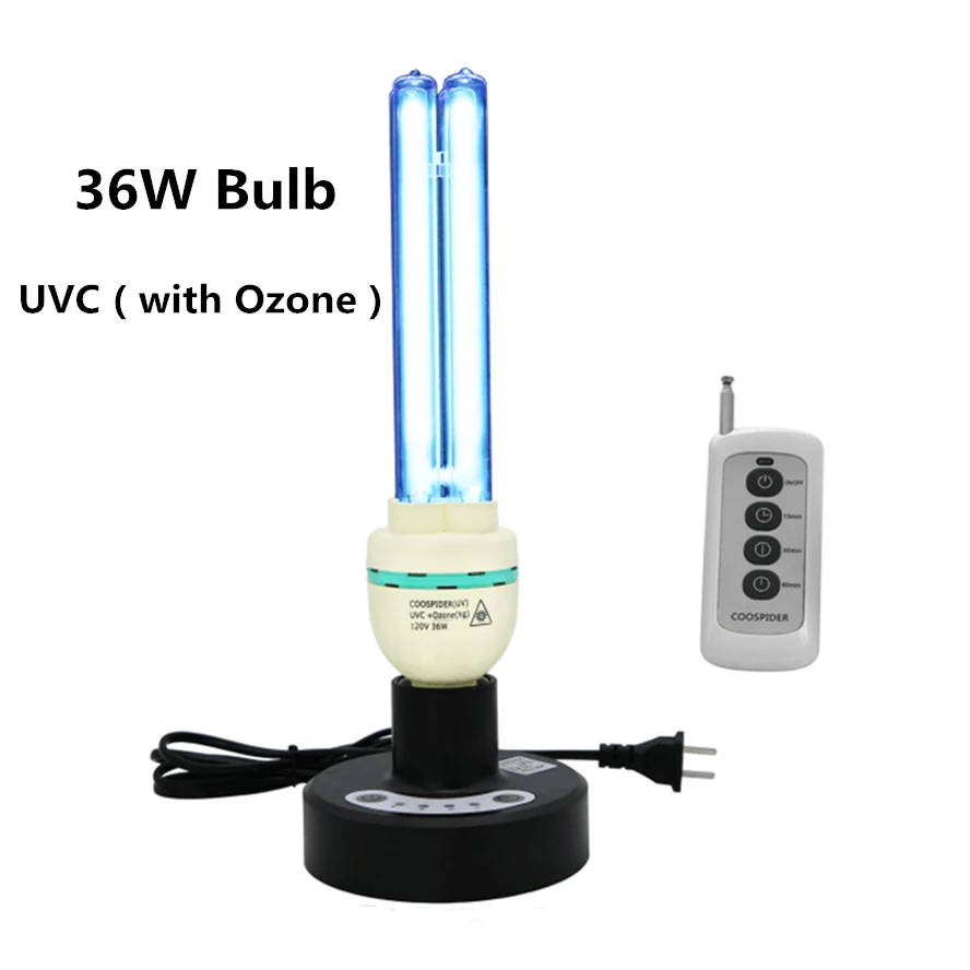 36W Ozone timer Kit Кварцевая УФ бактерицидная Настольная лампа с 3 шаговым дистанционным таймером, компактный светильник 5 футов 150 см розетка 36 Вт UVC покрывает до 600sq, ft - Wattage: 36W Ozone timer Kit