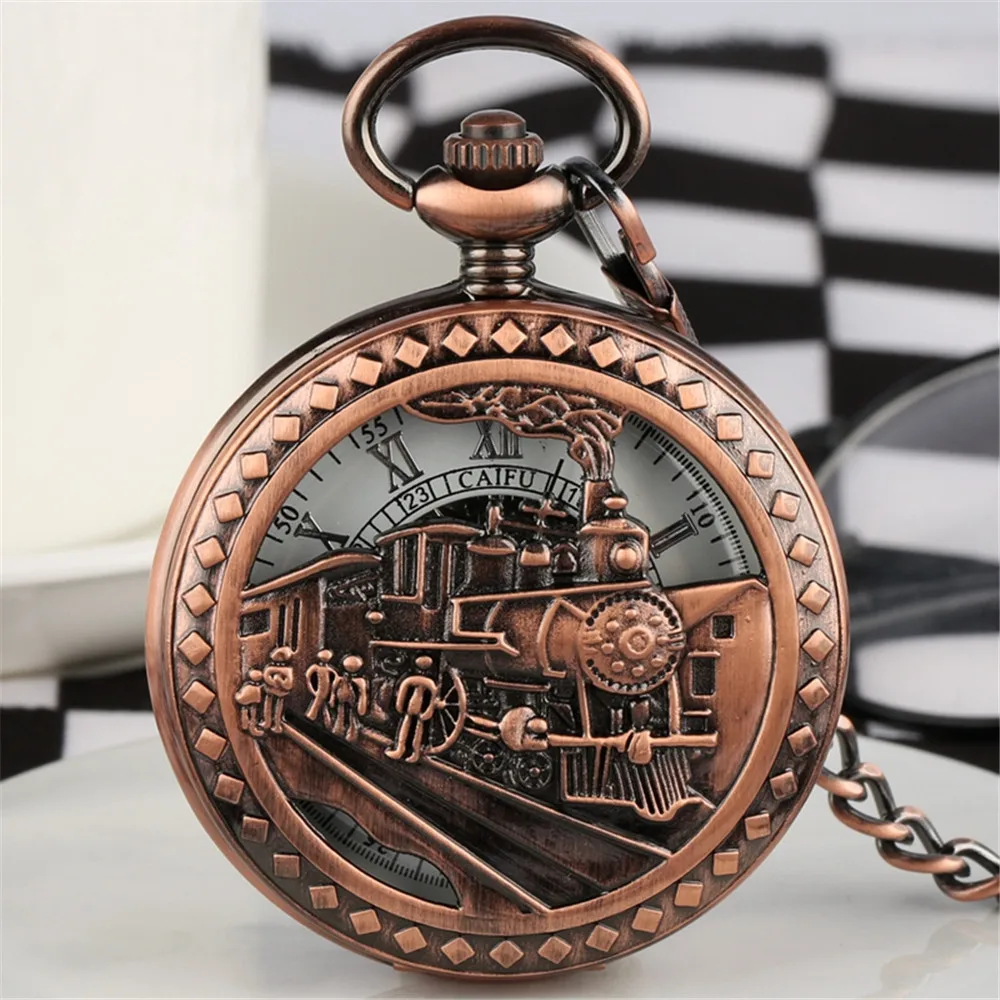 Silver/Black/Rose Gold Steampunk Train Mechanical Hand Winding Pocket Watch Roman Numerals Display Manual Mechanism Pocket Clock