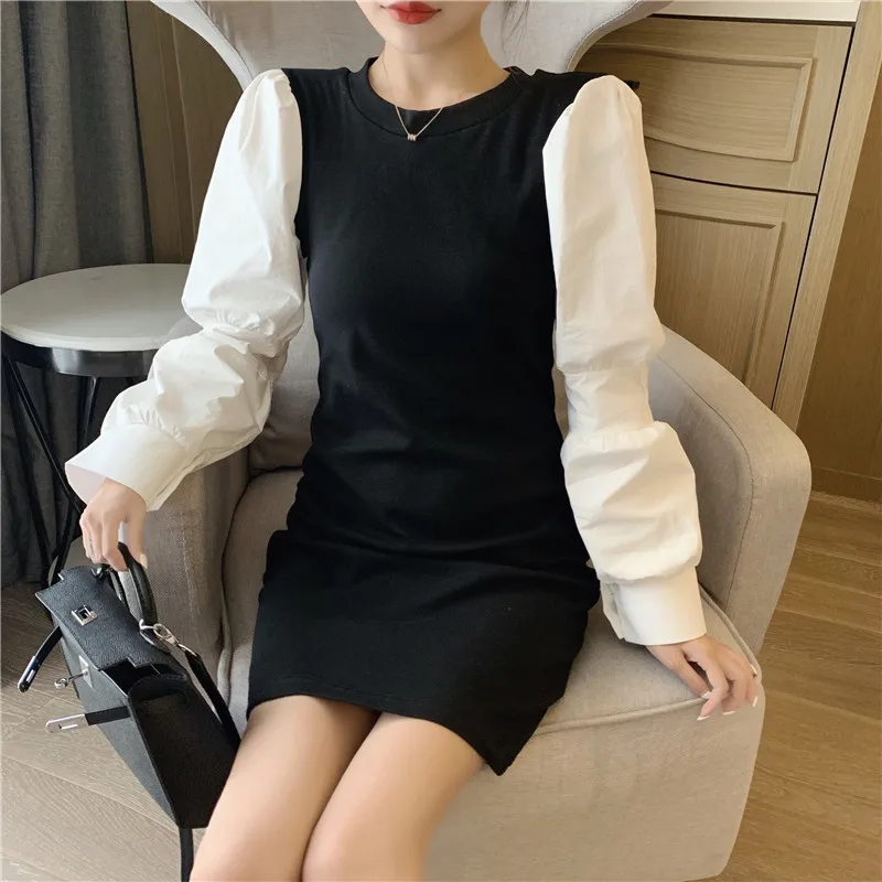 

Spring and autumn casual straight patchwork full o-neck mini-dress Women's Clothing high quality temperament Elegant vestidos