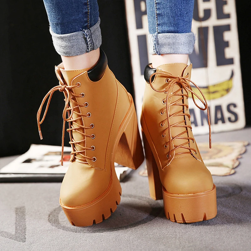 

2022 high chunky heel ankle boot lady nightclub bar dancing shoes lace-up tarp Martin boots Korean fashion short boots shoes