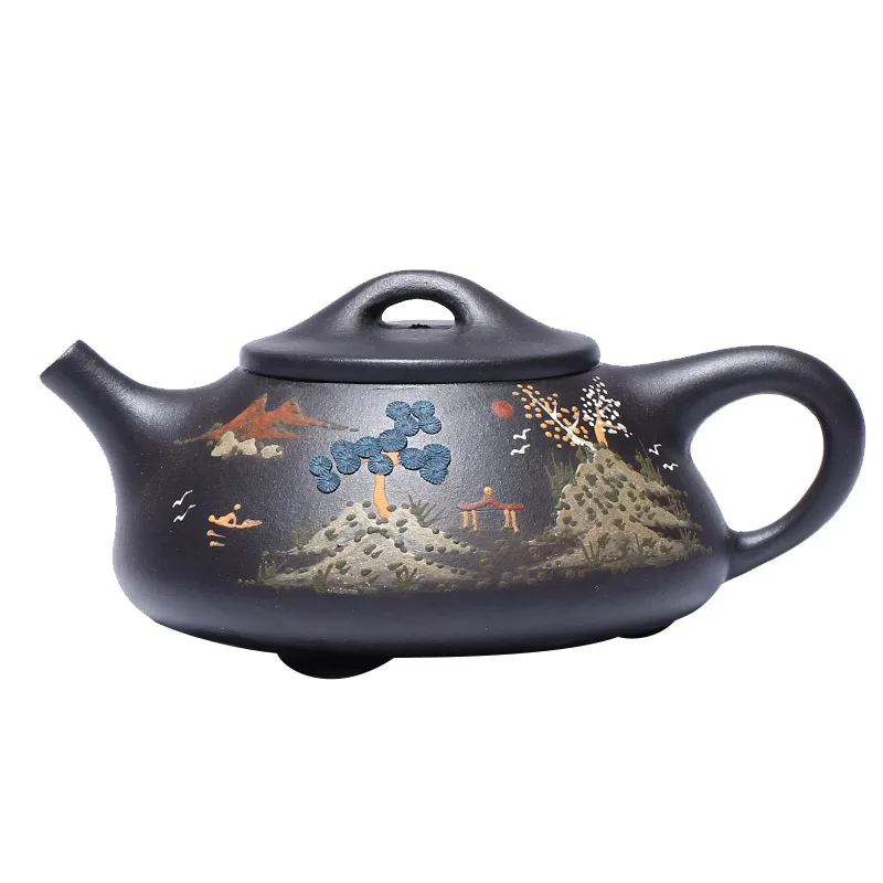 

Famous hand carved Yixing raw ore black clay landscape Ladybug purple clay teapot gift lettering